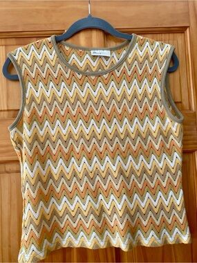 BHS Chevron Crochet Knit Tank Top Boho Zigzag Sleeveless Sweater Italy L
